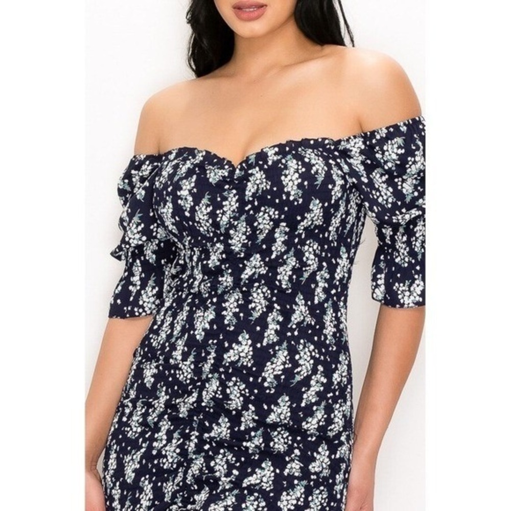 New‎ Navy Blue Romantic Off-Shoulder Floral Smocked Dress